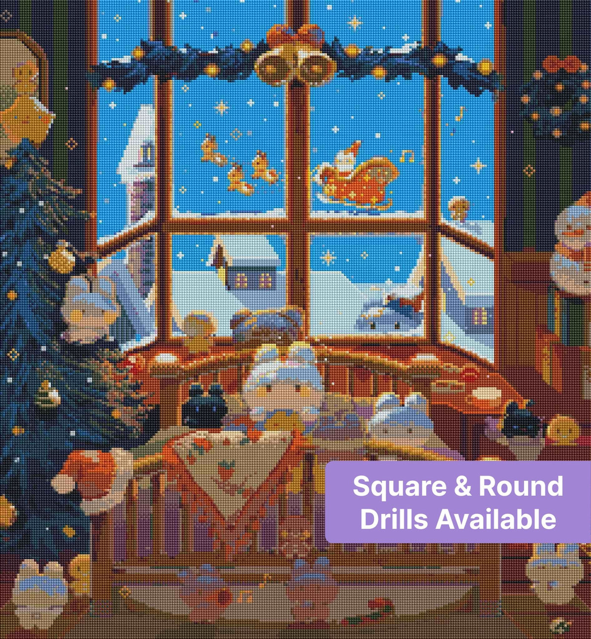 Whimsical winter cat scene with snowy window, Christmas decor, and cozy festive colors