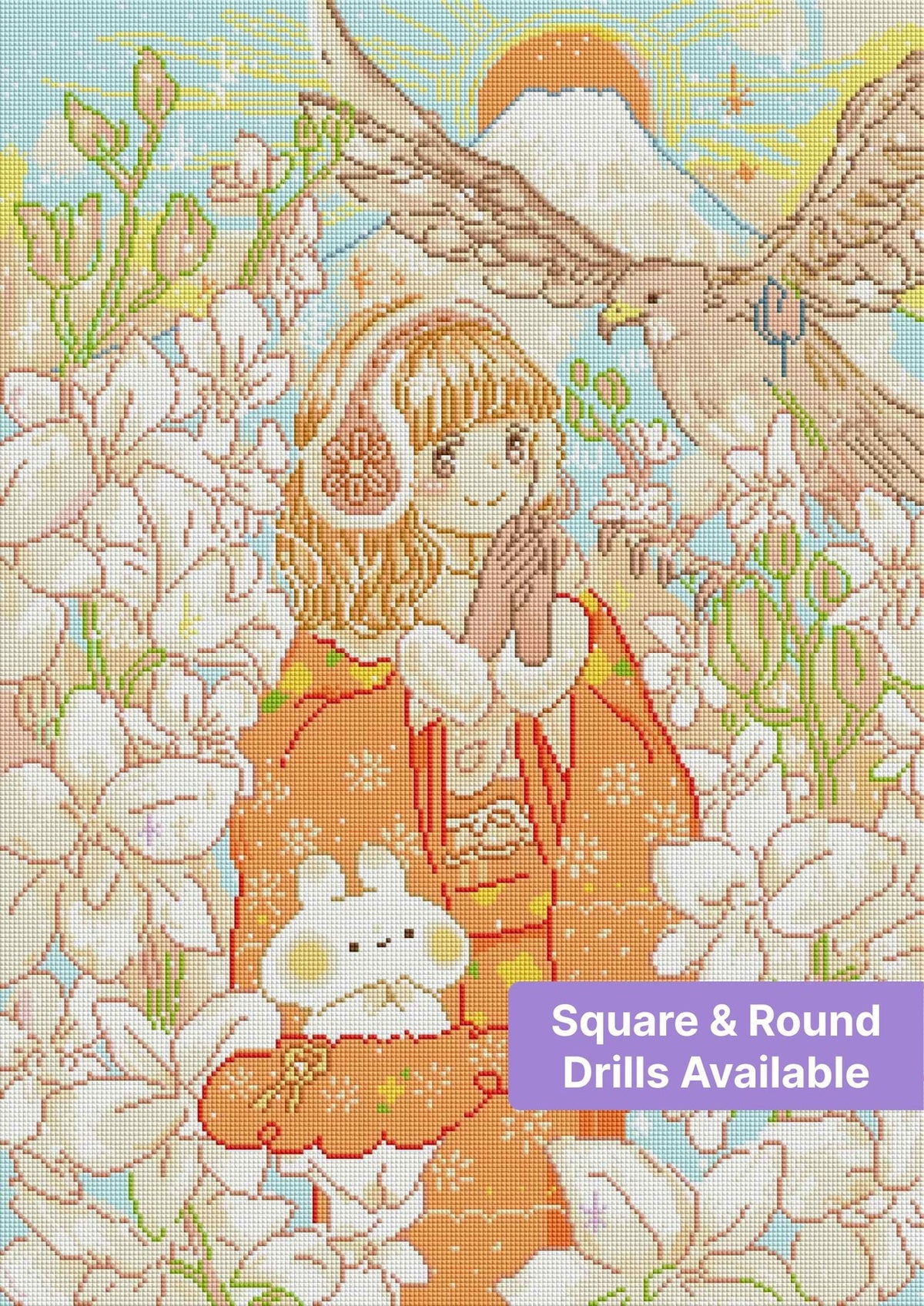 Anime girl in pastel flowers with eagle and mountain sunset fantasy art