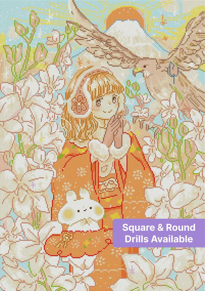 Anime girl in pastel flowers with eagle and mountain sunset fantasy art