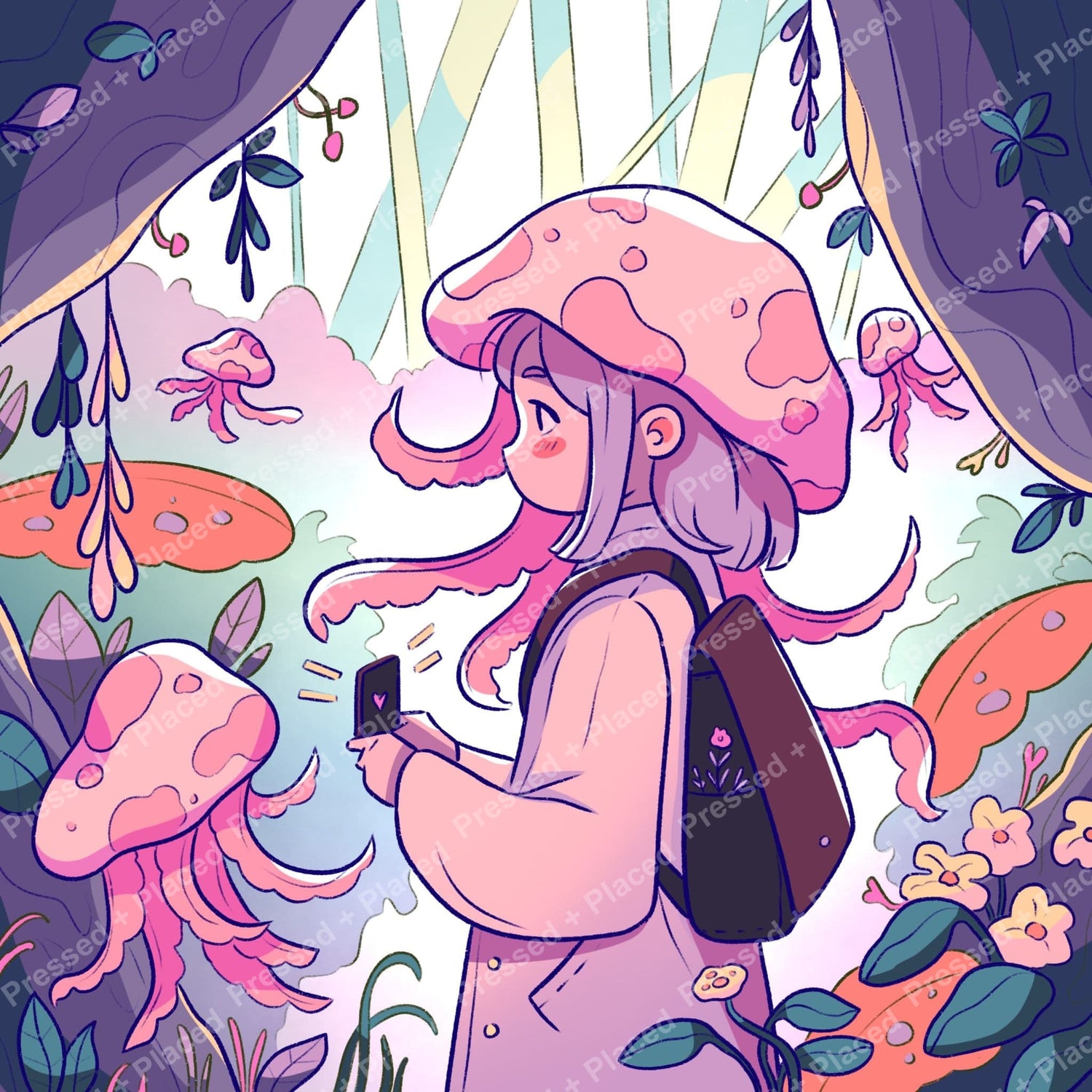 Cute mushroom girl in a pastel fantasy forest with flowers, vines, and jellyfish-like mushrooms