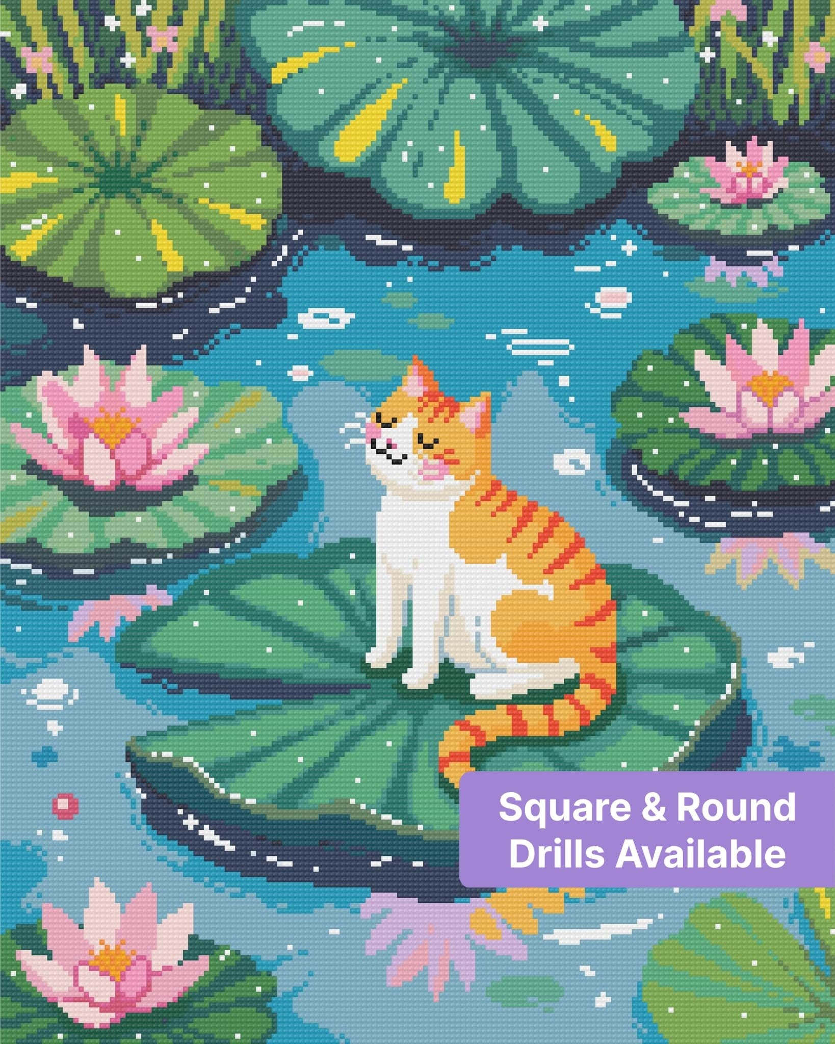 Orange-and-white cat sitting on a lily pad among pink lotus flowers in a whimsical pond scene