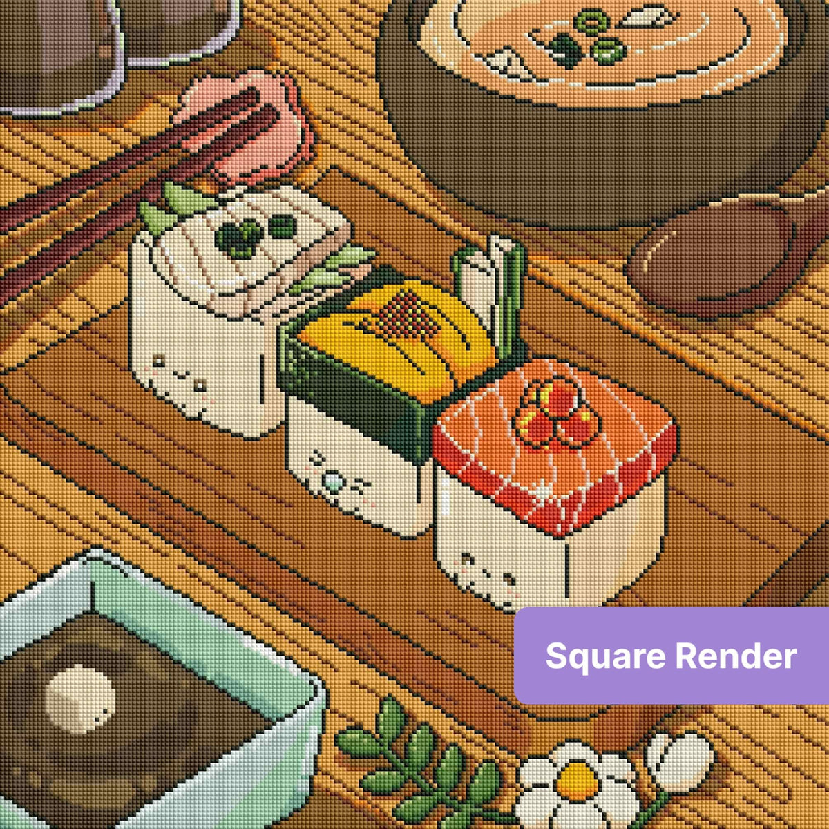Cute kawaii sushi pieces on a wooden table in warm, colorful Japanese food style