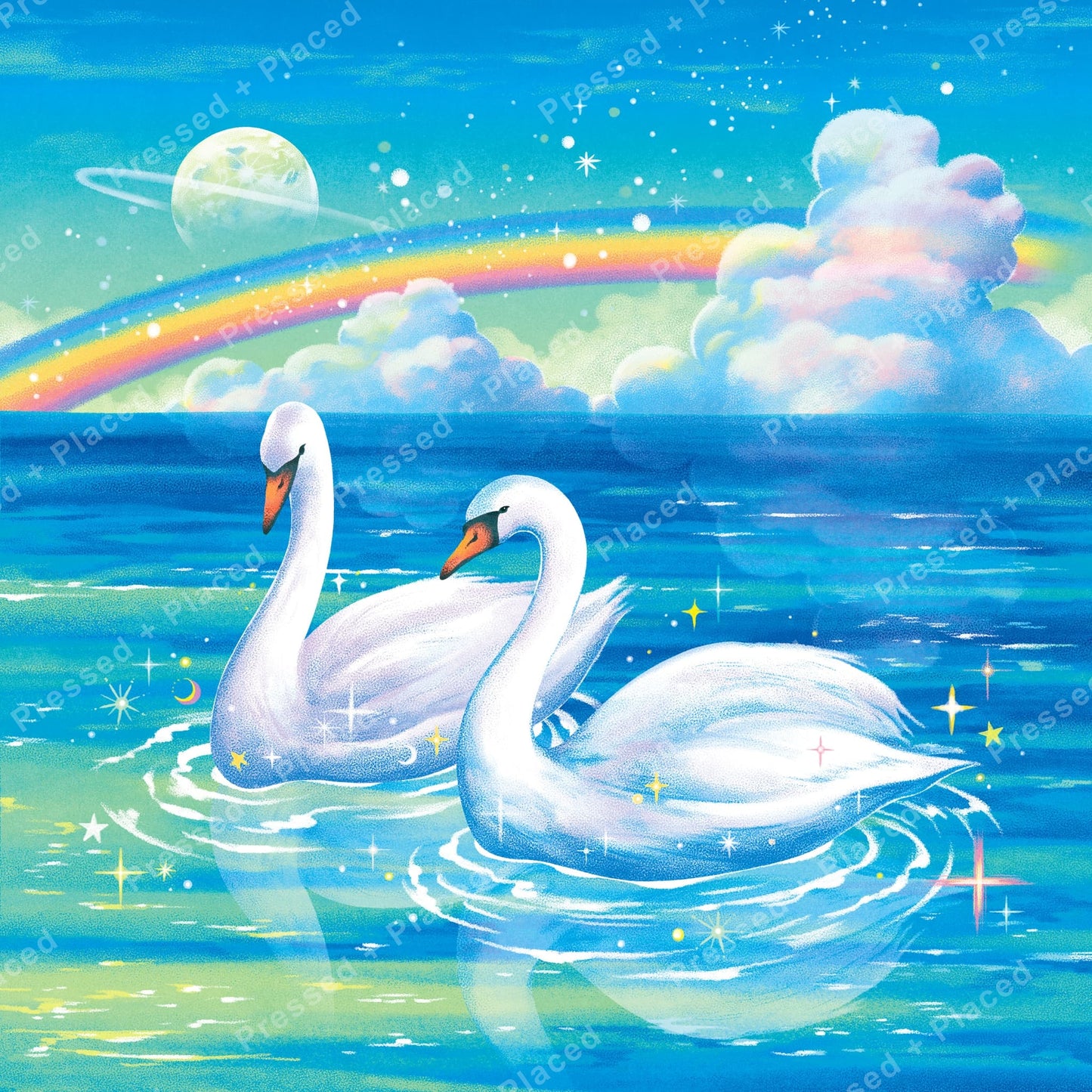 Two white swans on a sparkling ocean beneath a rainbow in a fantasy sky