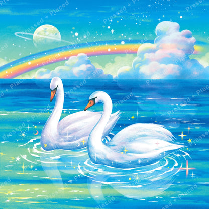 Two white swans on a sparkling ocean beneath a rainbow in a fantasy sky