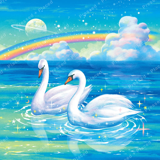 Two white swans on a sparkling ocean beneath a rainbow in a fantasy sky