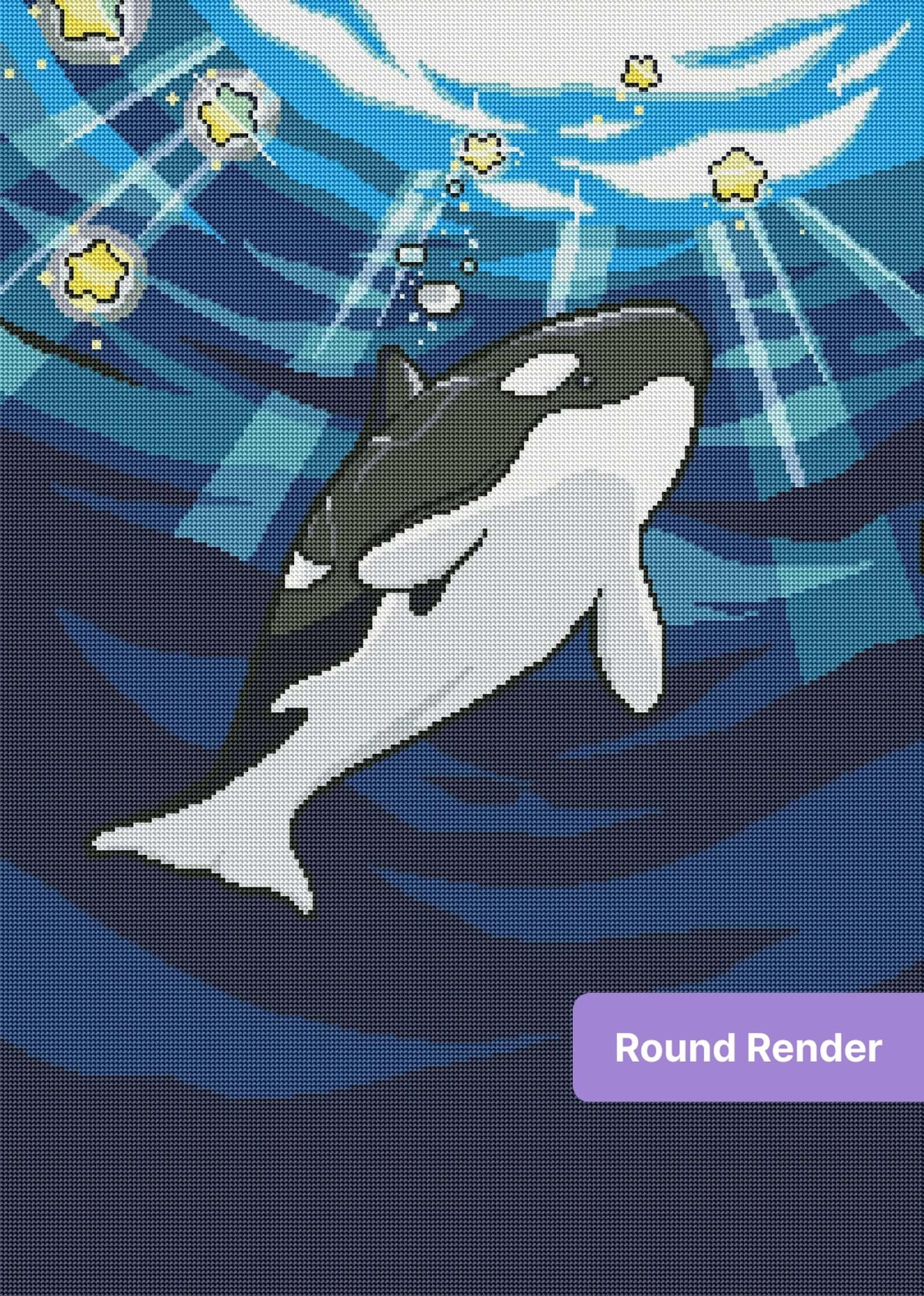 Orca whale swimming underwater with star-like lights in a bold cartoon style