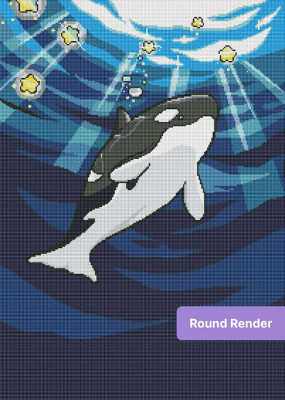 Orca whale swimming underwater with star-like lights in a bold cartoon style