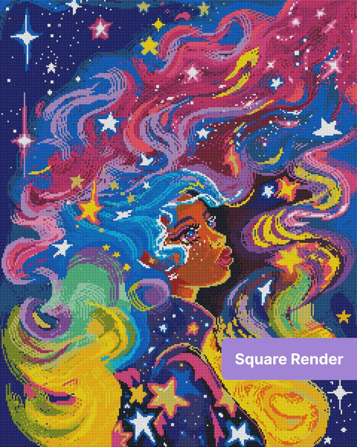 Vibrant cosmic goddess with flowing rainbow hair, stars, and a fantasy celestial background