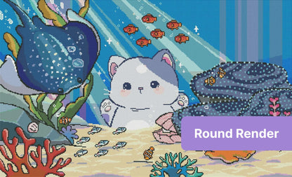 Cute cartoon underwater scene with cat, fish, coral, and sea creatures in bright colors