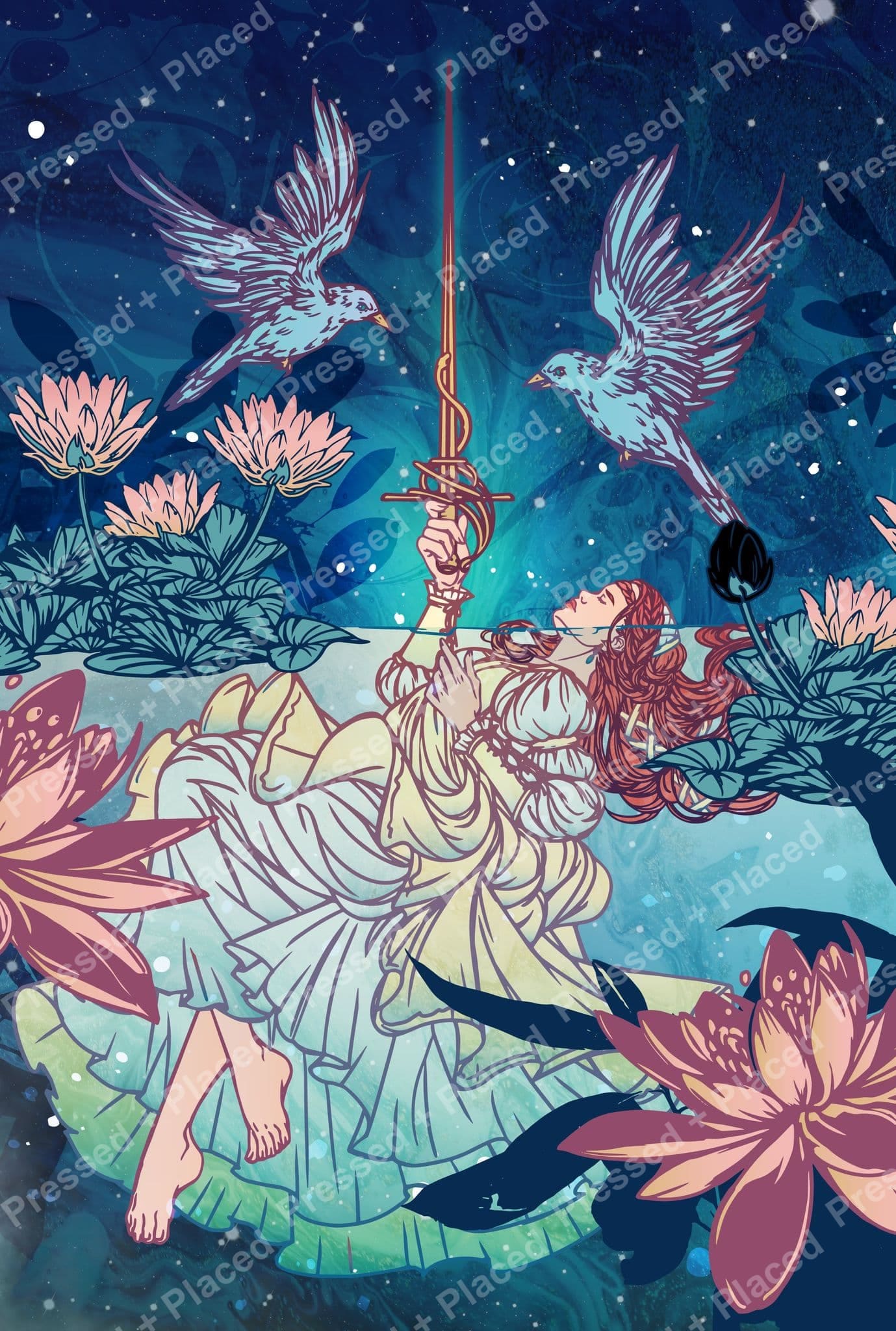 Fantasy girl resting among lotus flowers with birds and a starry blue sky