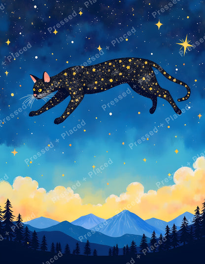 Black cat leaping through a starry sky over mountains and pine trees in a dreamy style