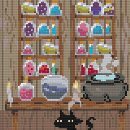 Four fantasy apothecary diamond art scenes with potion bottles, shelves, pumpkins, and magical decor