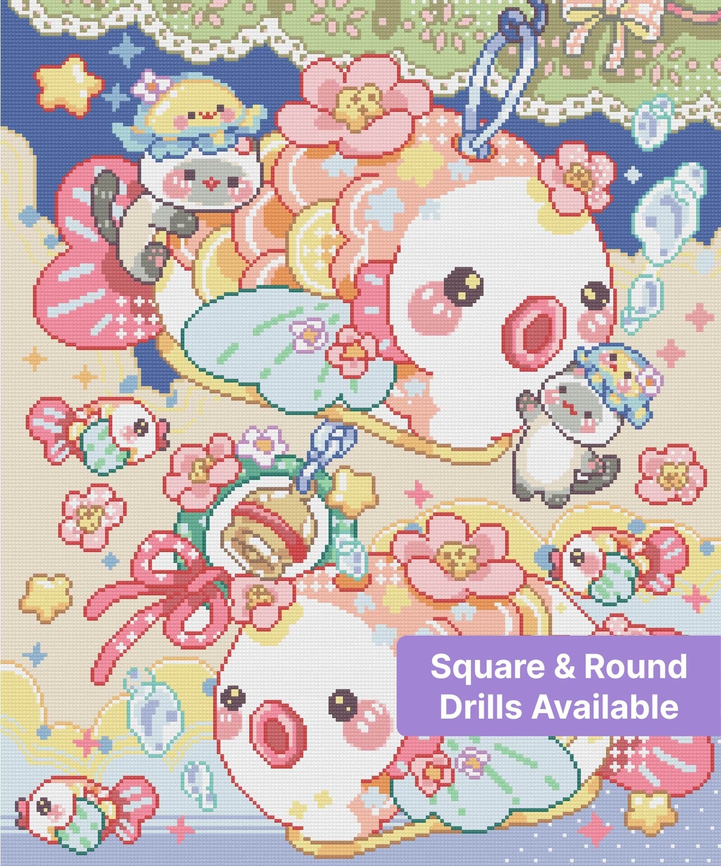 Cute pastel ducks and pandas with flowers in a whimsical kawaii cartoon style
