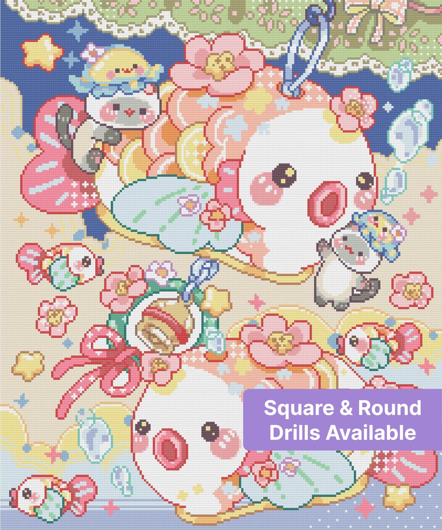 Cute pastel ducks and pandas with flowers in a whimsical kawaii cartoon style