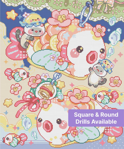 Cute pastel ducks and pandas with flowers in a whimsical kawaii cartoon style