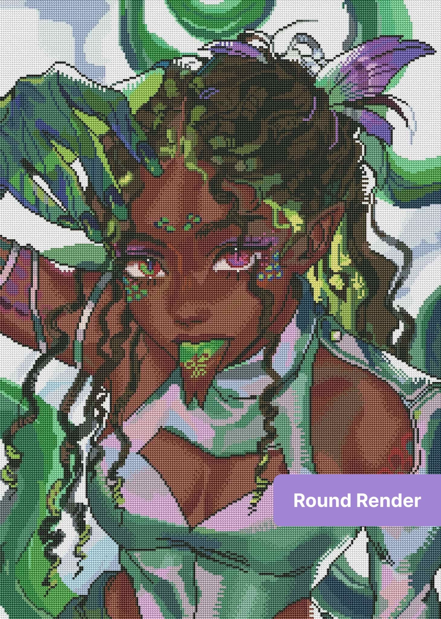 Fantasy fairy portrait with green and violet accents, dark curls, and glowing eyes