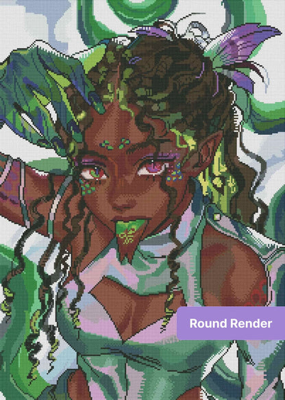 Fantasy fairy portrait with green and violet accents, dark curls, and glowing eyes