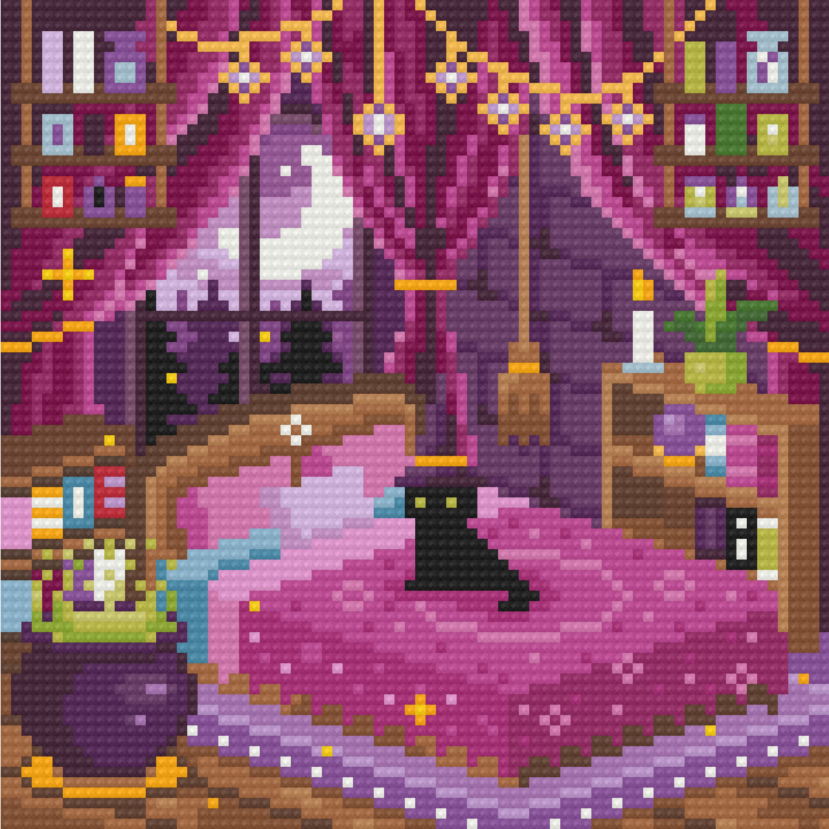 Four witchy bedroom diamond art scenes in purple and cozy fantasy tones