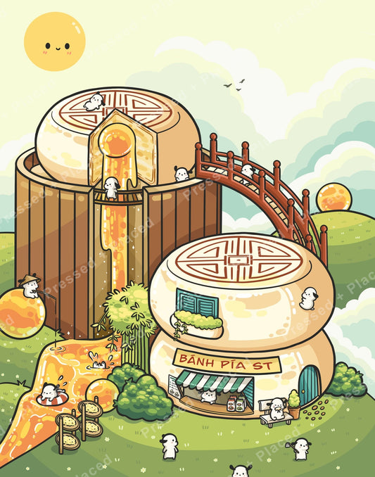 Cute fantasy bakery village with pastel pastry buildings, golden details, and tiny cartoon characters