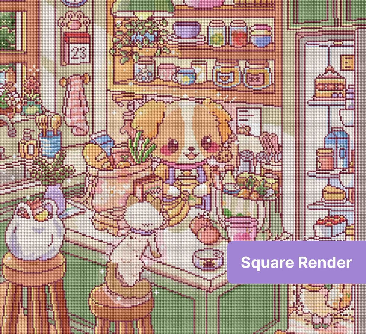 Cute cartoon puppy kitchen scene with pastel shelves, groceries, and cozy home details