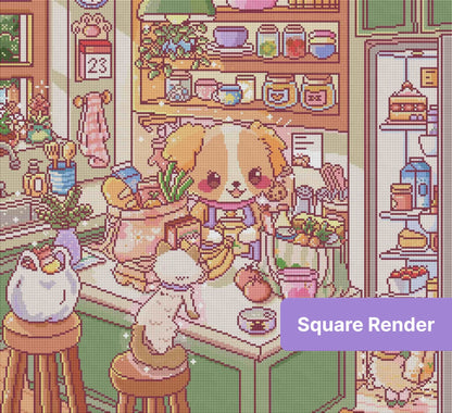 Cute cartoon puppy kitchen scene with pastel shelves, groceries, and cozy home details
