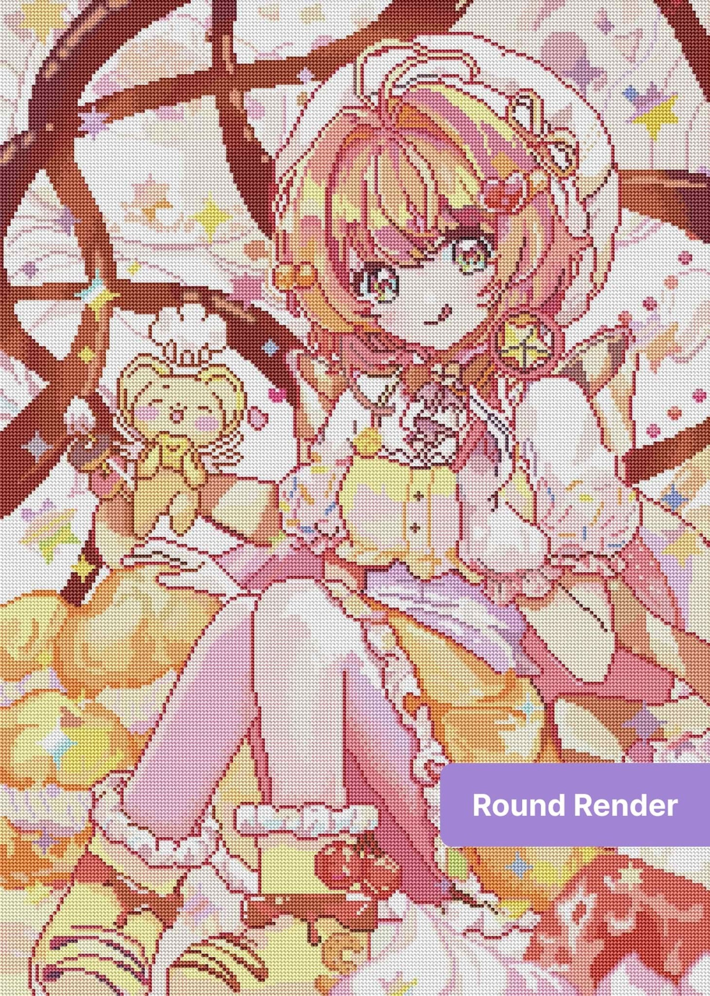 Anime-style girl in pastel dessert outfit with cherries, cookies, and cute candy accents