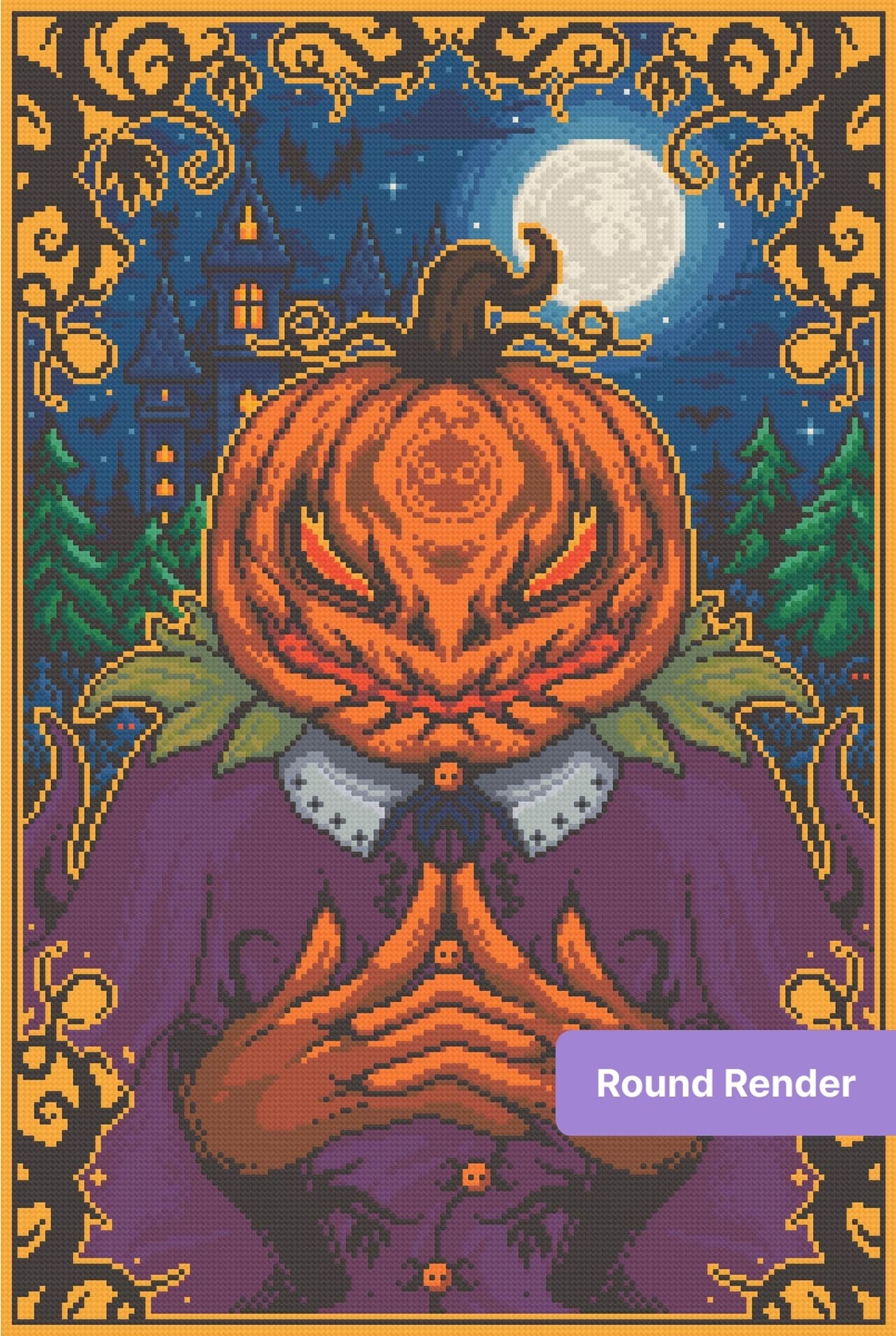Pixel-style vampire pumpkin in a gothic Halloween scene with moonlight, castle, and gold border