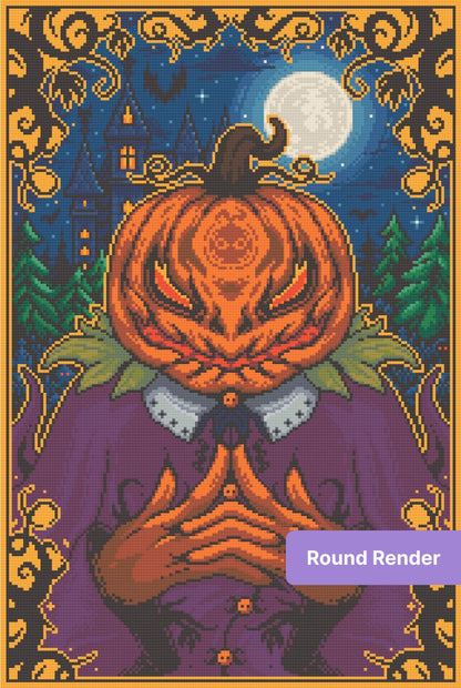 Pixel-style vampire pumpkin in a gothic Halloween scene with moonlight, castle, and gold border