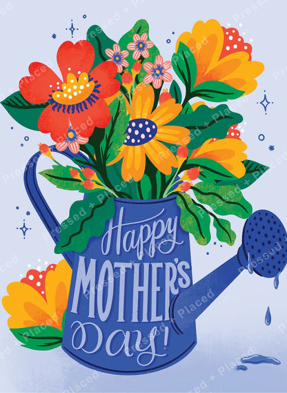 Floral watering can with bright flowers and Happy Mothers Day text in colorful whimsical style
