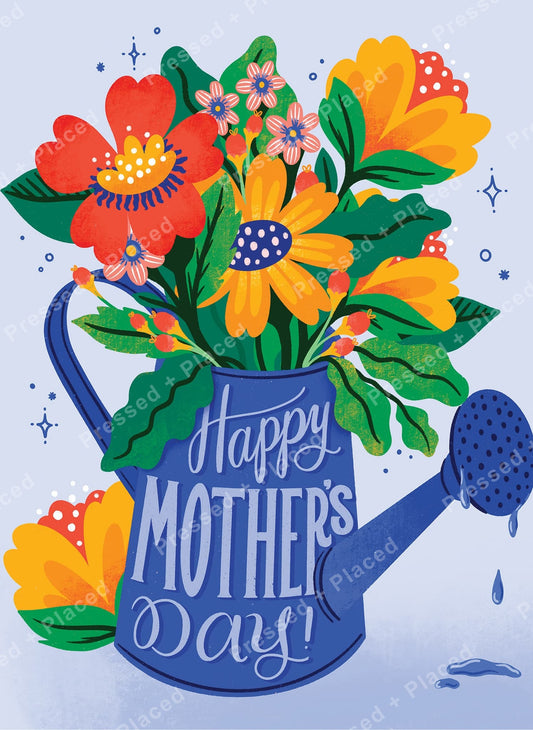 Floral watering can with bright flowers and Happy Mothers Day text in colorful whimsical style