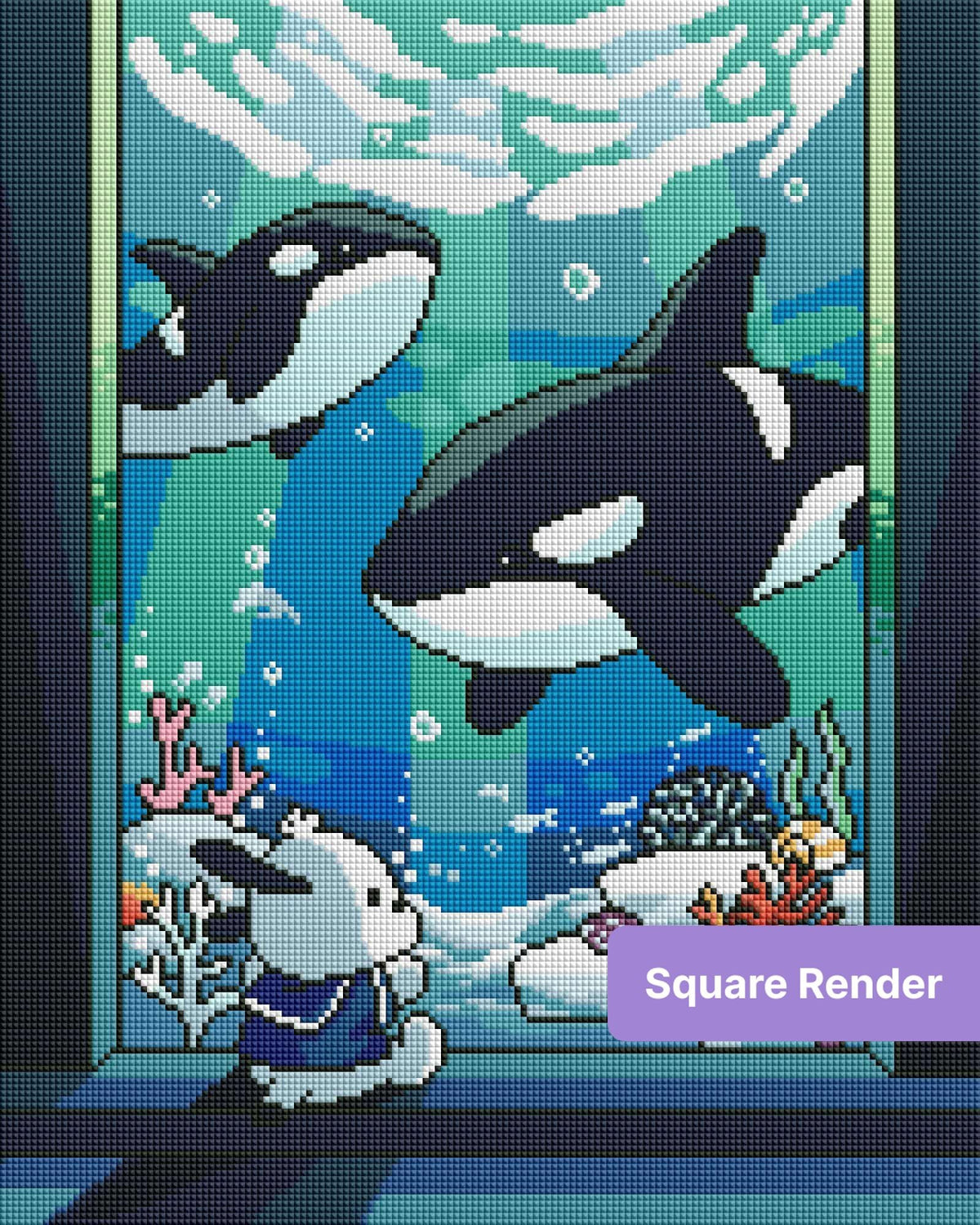 Cartoon orcas swimming underwater with a bunny, coral reef, and ocean blues