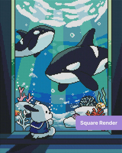 Cartoon orcas swimming underwater with a bunny, coral reef, and ocean blues