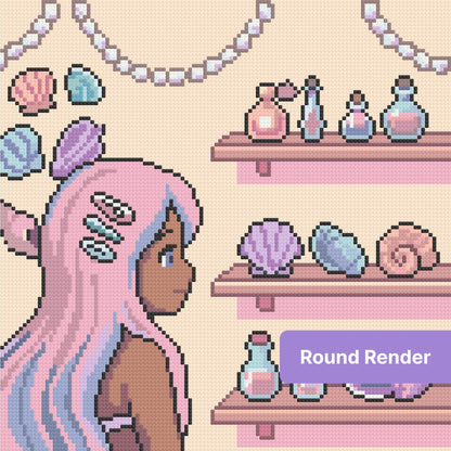 Pastel mermaid girl with seashells and bottles in a whimsical fantasy style