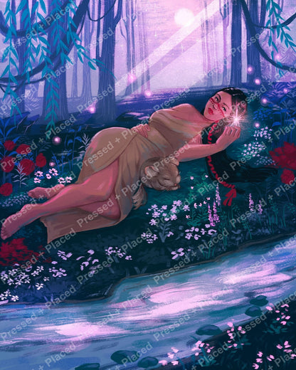 Fantasy woman reclining in a moonlit forest with glowing flowers and soft purple light