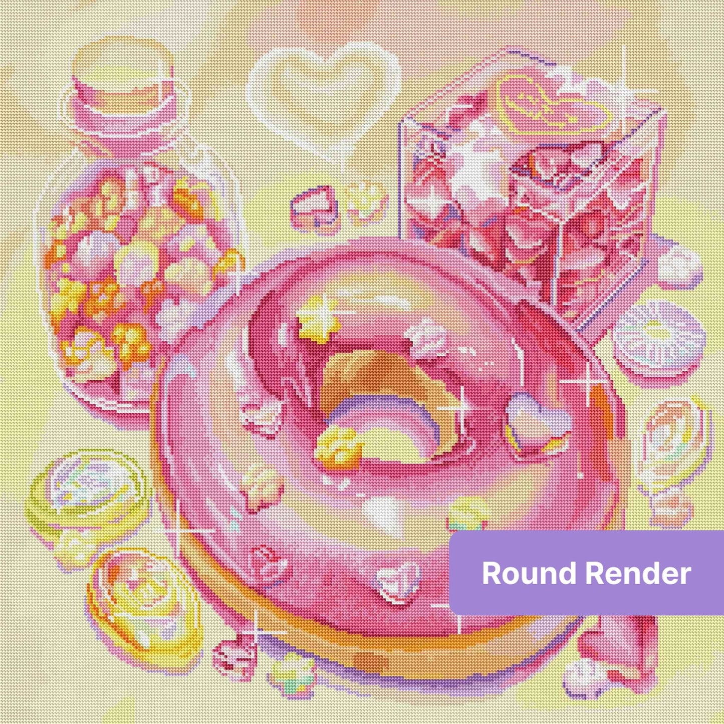 Pastel candy-themed diamond art with hearts, donut, and sweet jar decor