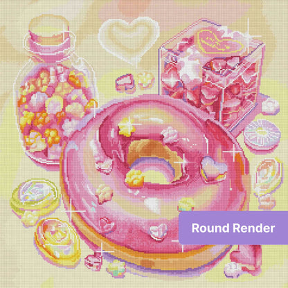 Pastel candy-themed diamond art with hearts, donut, and sweet jar decor