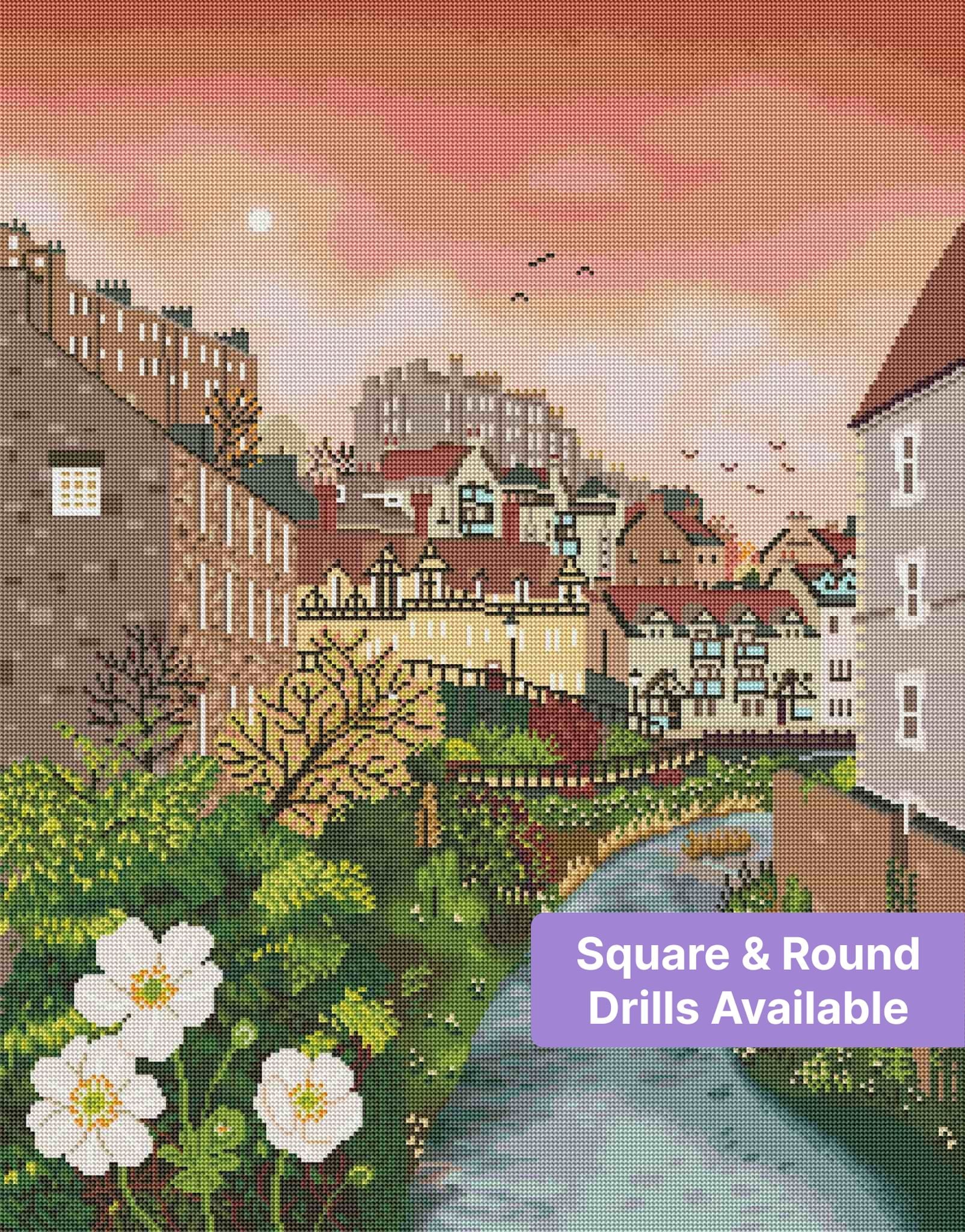 Illustrated village landscape with river, pink sunrise sky, flowers, and charming rooftops