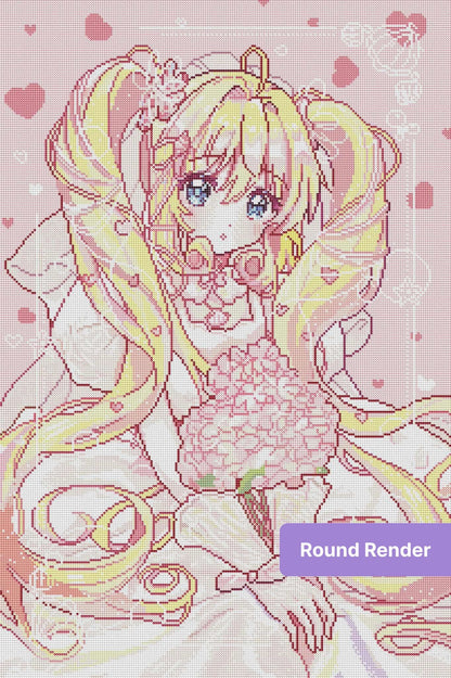 Cute anime girl with blonde twin tails, pastel flowers, and soft pink heart accents