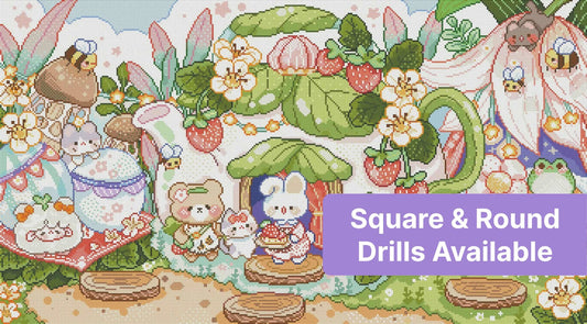 Cute woodland tea party scene with animals, flowers, strawberries, and pastel mushroom houses
