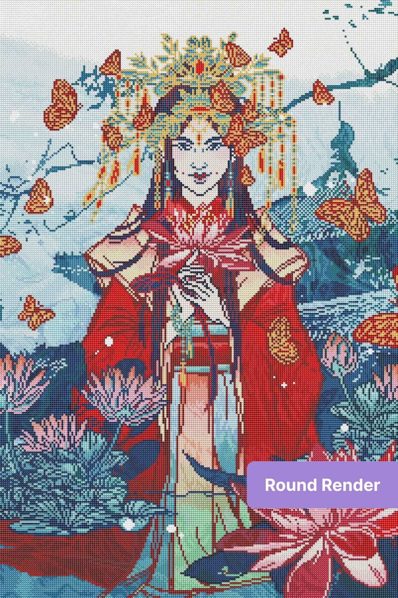 Oriental woman with butterflies and lotus flowers in vibrant floral fantasy style