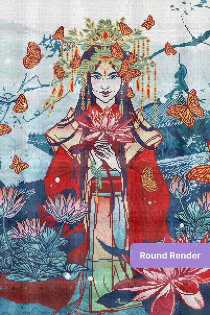 Oriental woman with butterflies and lotus flowers in vibrant floral fantasy style