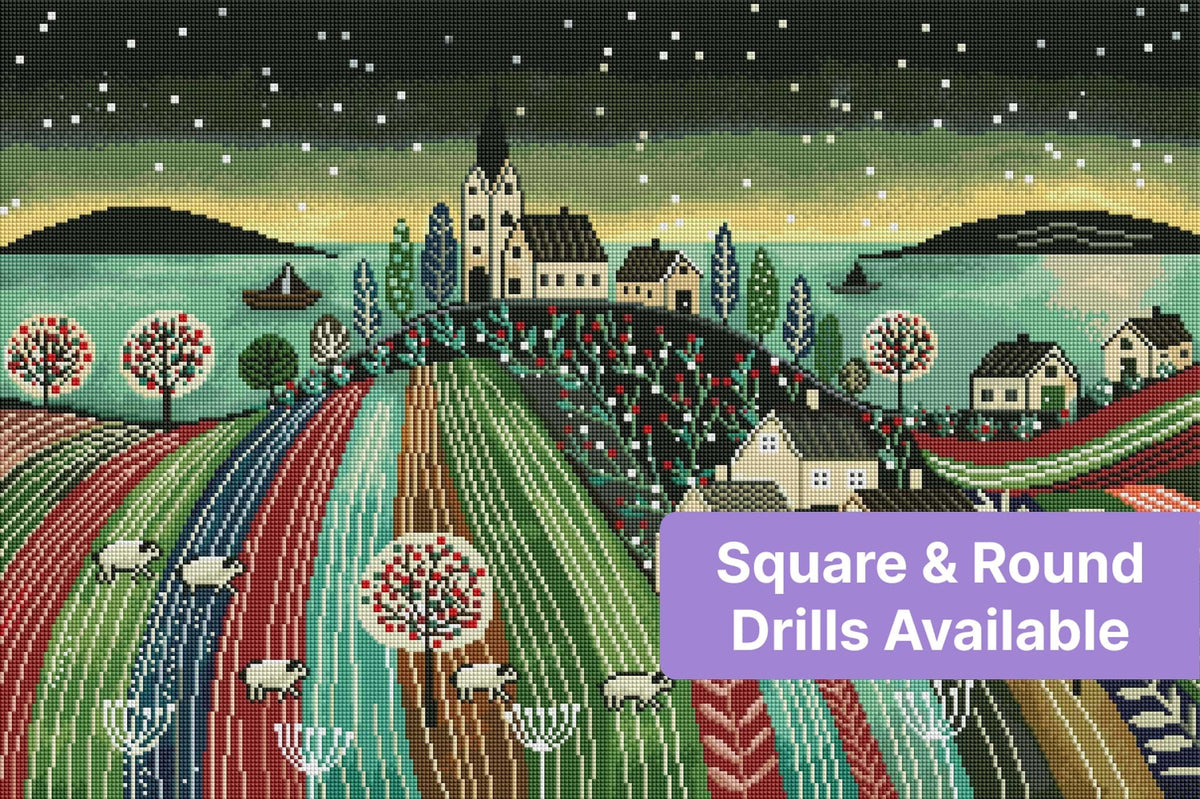 Whimsical village landscape with church, cottages, sheep, and colorful striped fields
