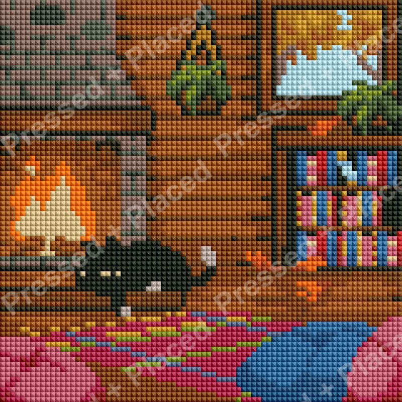 Cozy cabin interior diamond painting with black cat, fireplace, shelves, and colorful quilted bed
