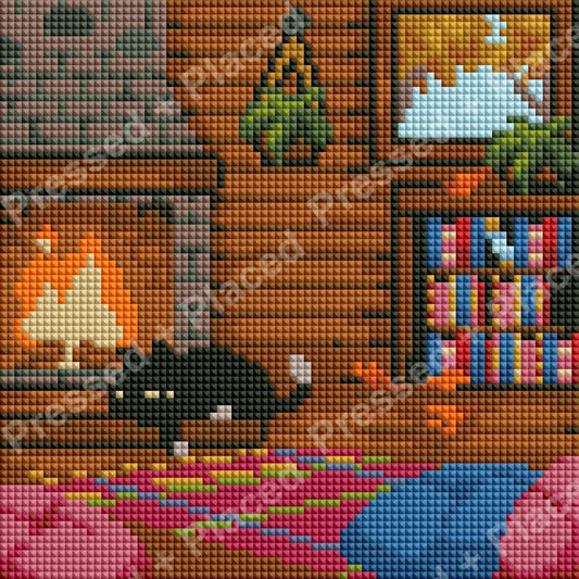 Cozy cabin interior diamond painting with black cat, fireplace, shelves, and colorful quilted bed
