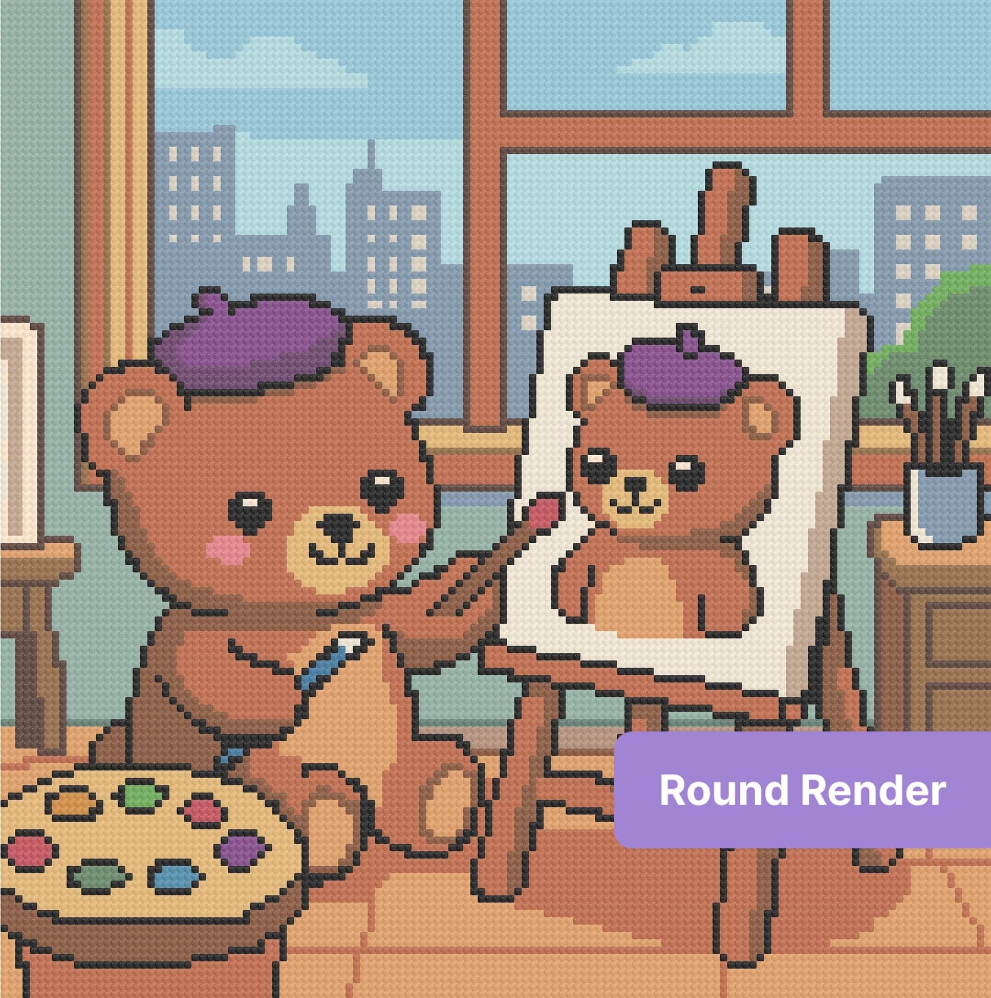 Cartoon bear painter in a cozy studio with easel, palette, and city window backdrop