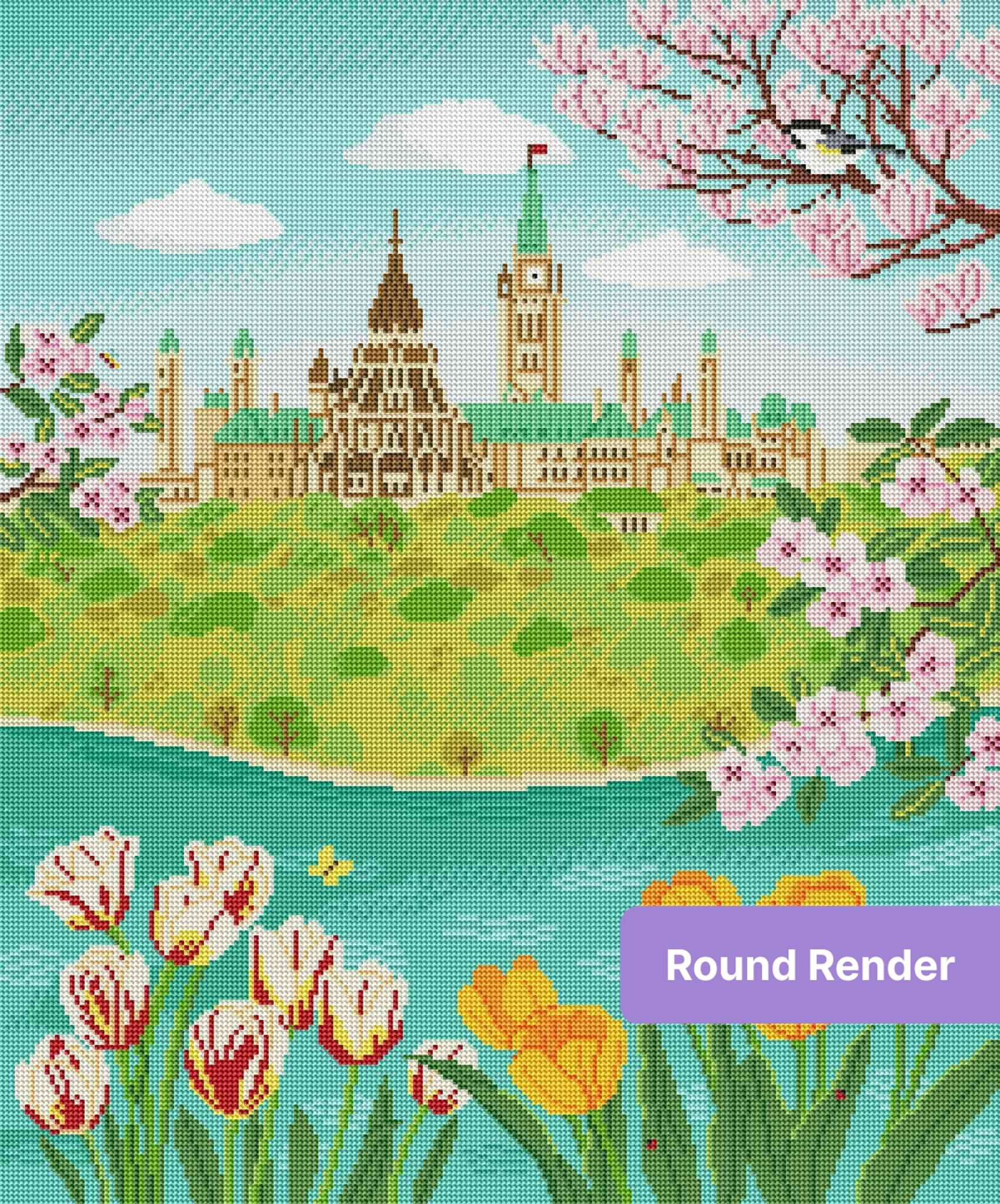 Illustrated Ottawa skyline with tulips, cherry blossoms, river, and spring greenery