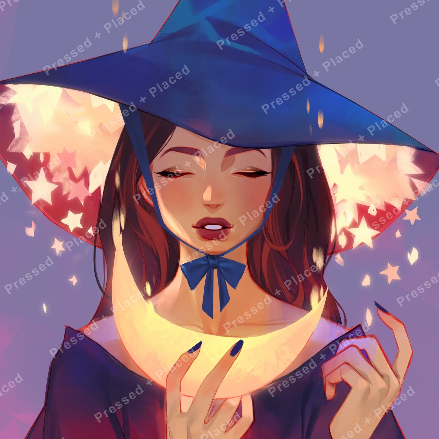 Fantasy girl in a blue witch hat with glowing stars and warm pastel light