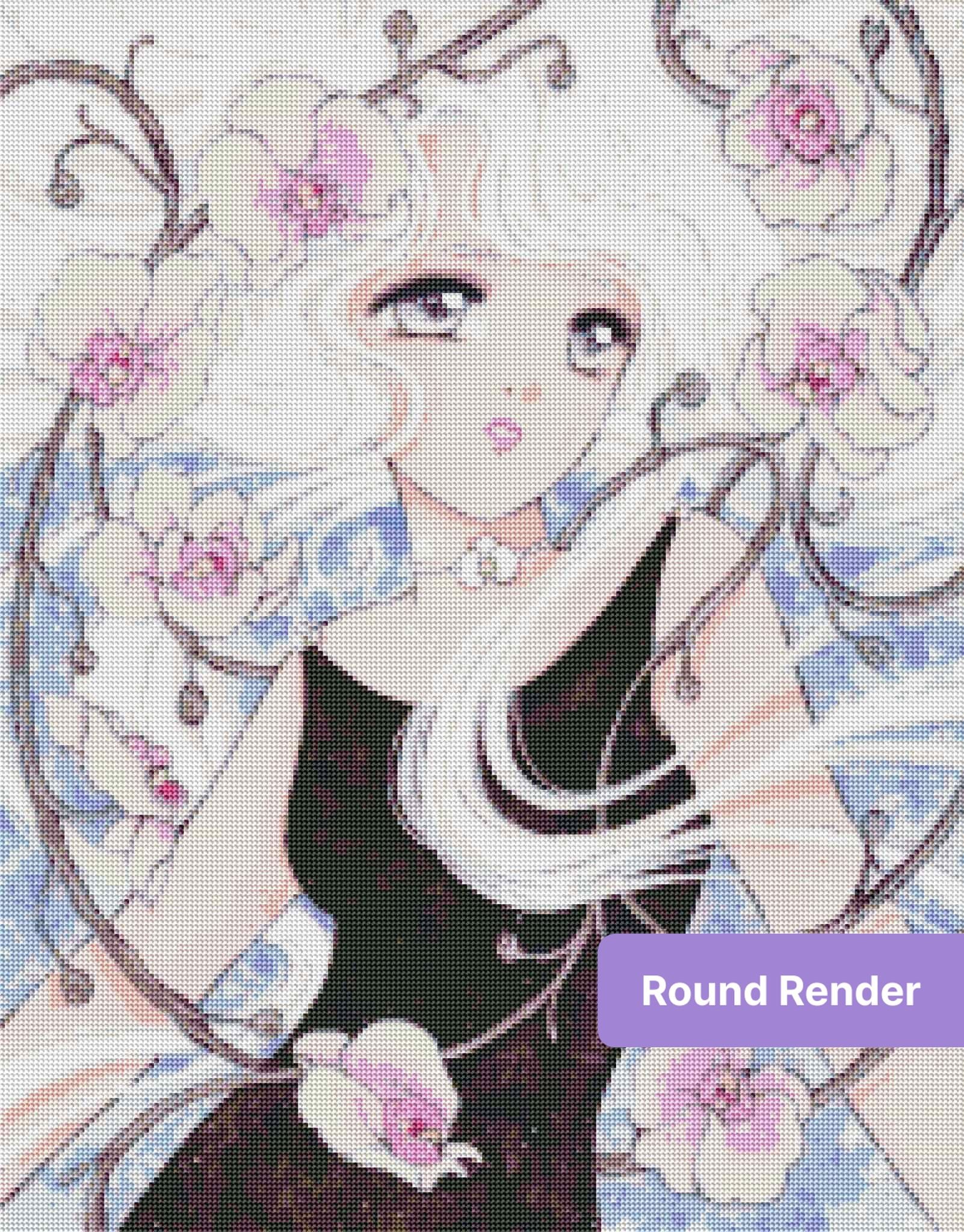 Anime girl with flowing white hair surrounded by pastel orchids in a dreamy floral fantasy style