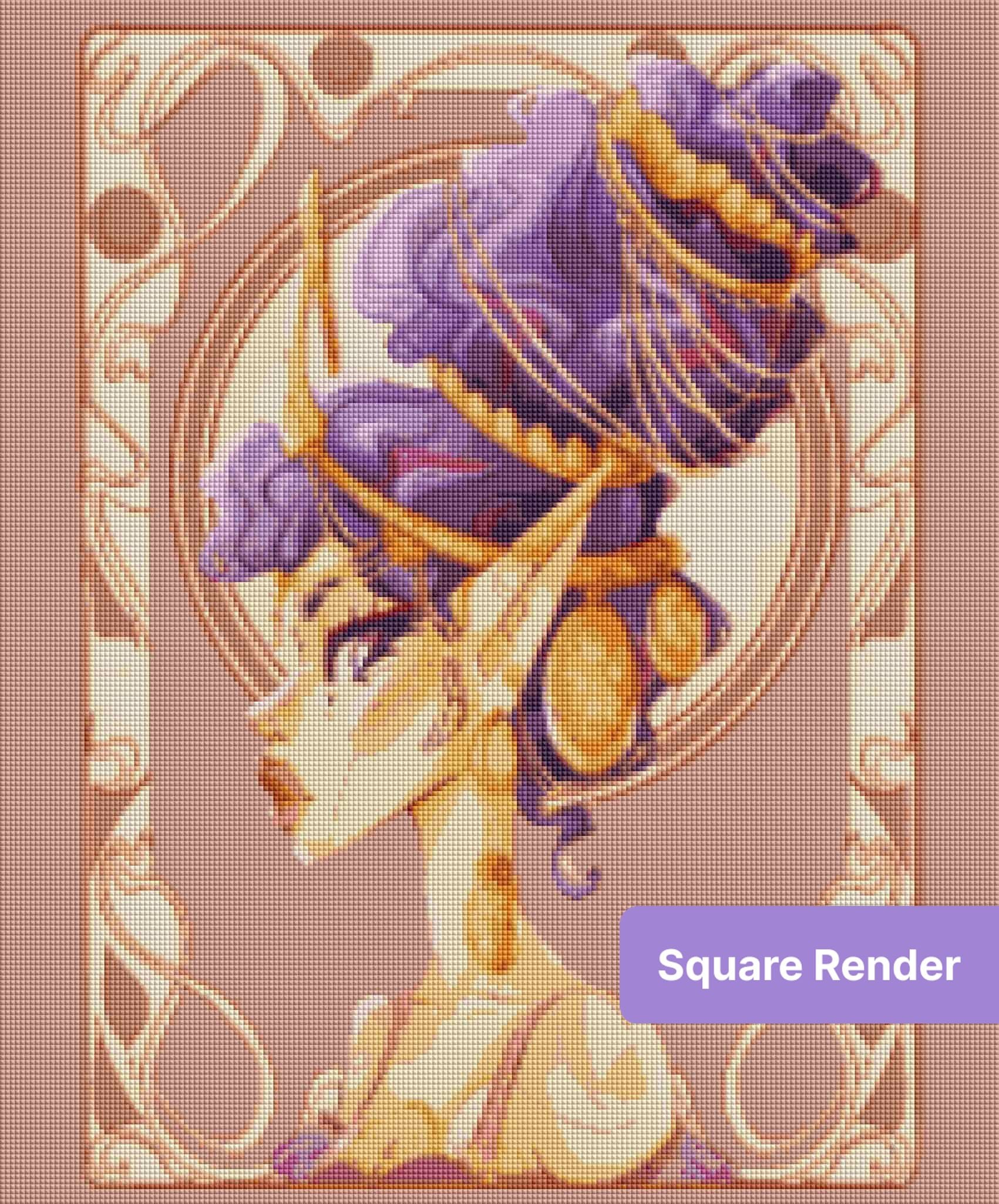 Fantasy woman with purple hair, gold jewelry, and ornate decorative framing