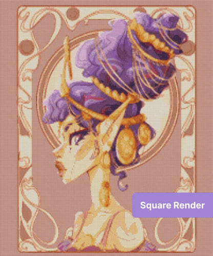 Fantasy woman with purple hair, gold jewelry, and ornate decorative framing